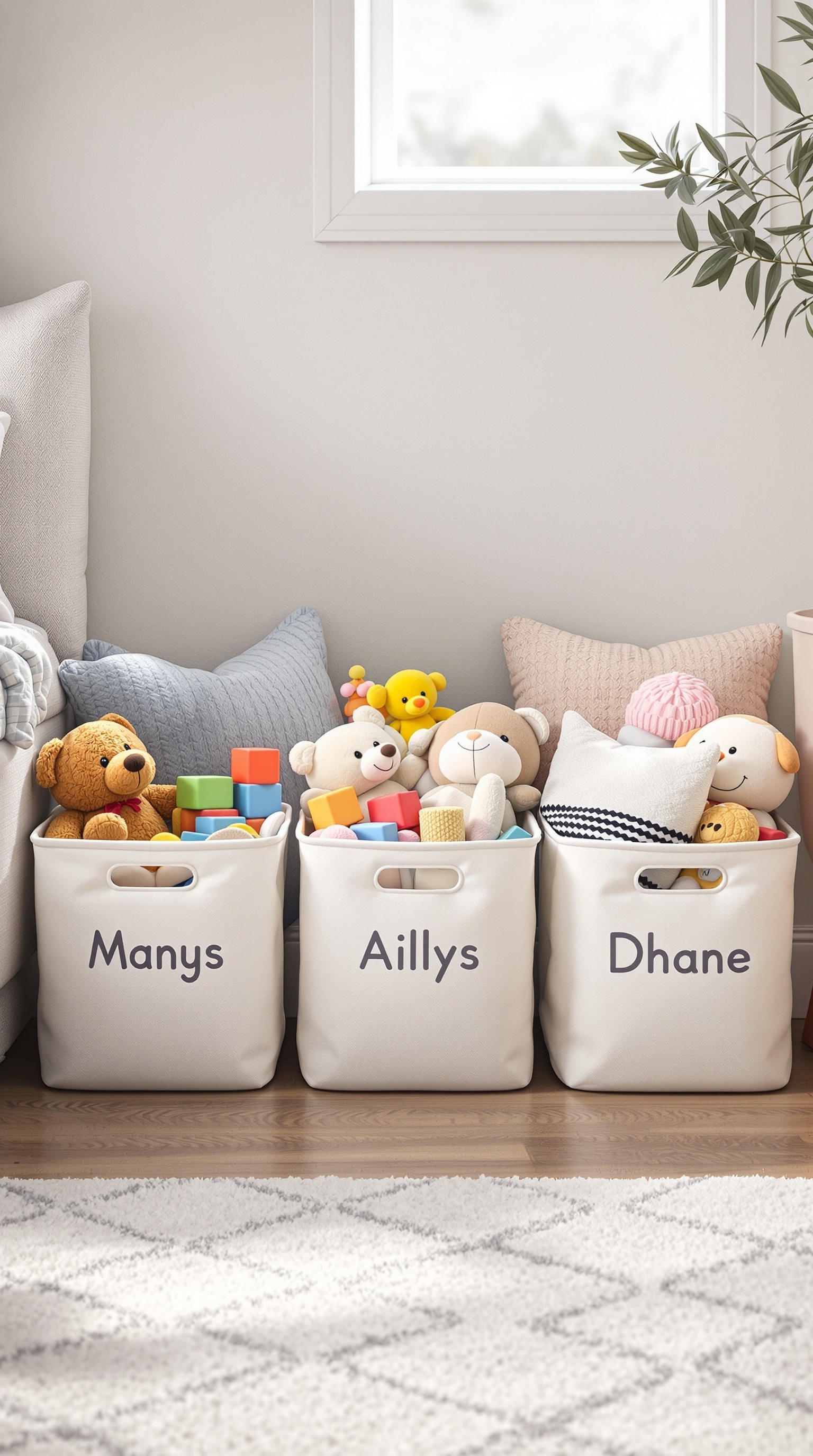 Three personalized toy bins labeled 'Manys', 'Aillys', and 'Dhane', filled with plush toys and colorful blocks.
