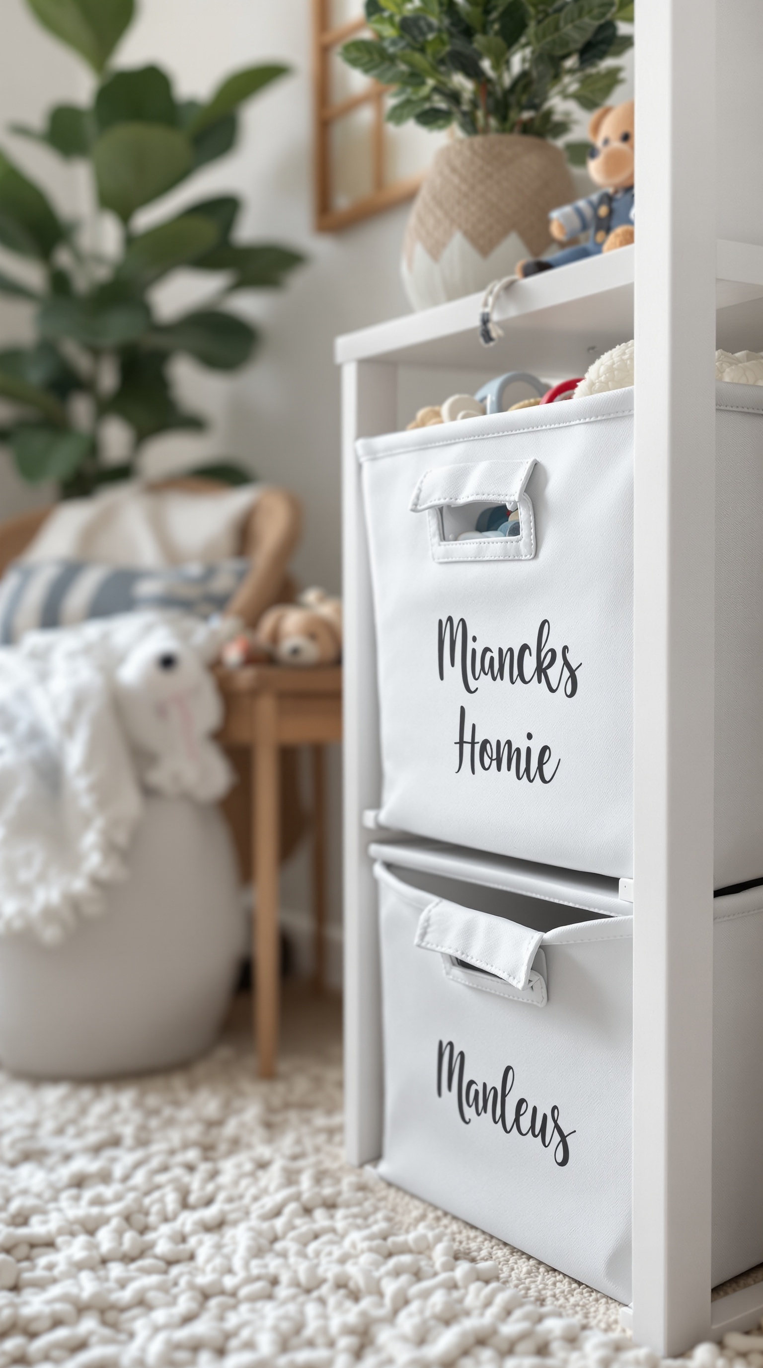 Two storage bins with personalized labels in a playroom setting.