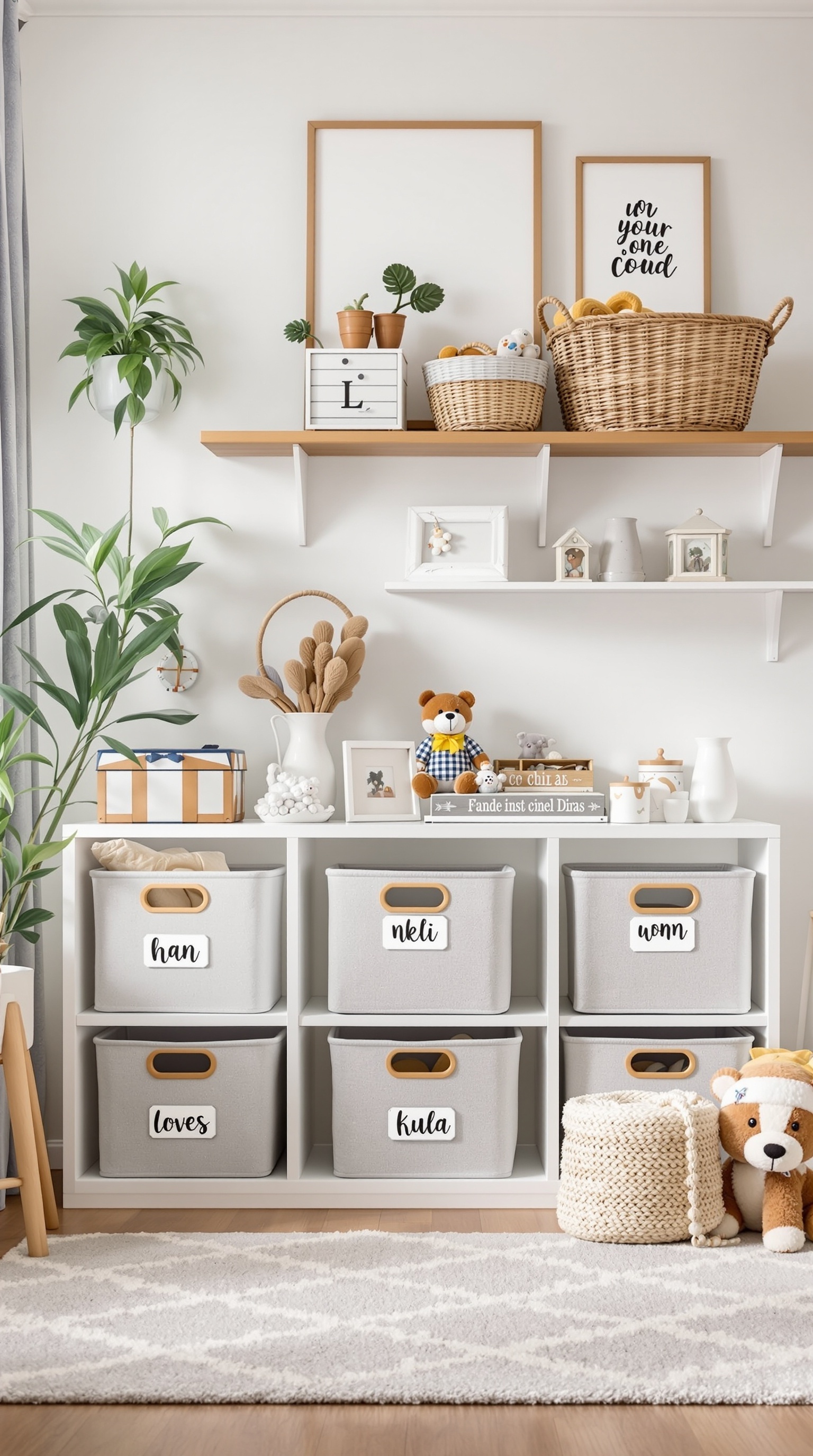 A well-organized toy room with personalized storage bins labeled with names.