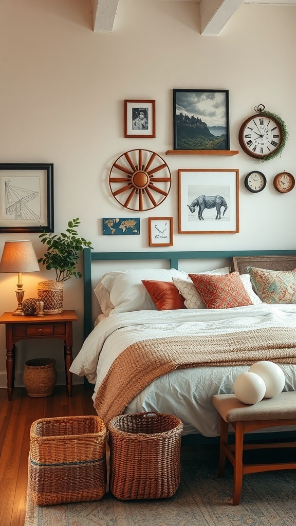 A cozy vintage bedroom with a mix of personal decor elements, including framed photos, a wooden wheel, and soft bedding.