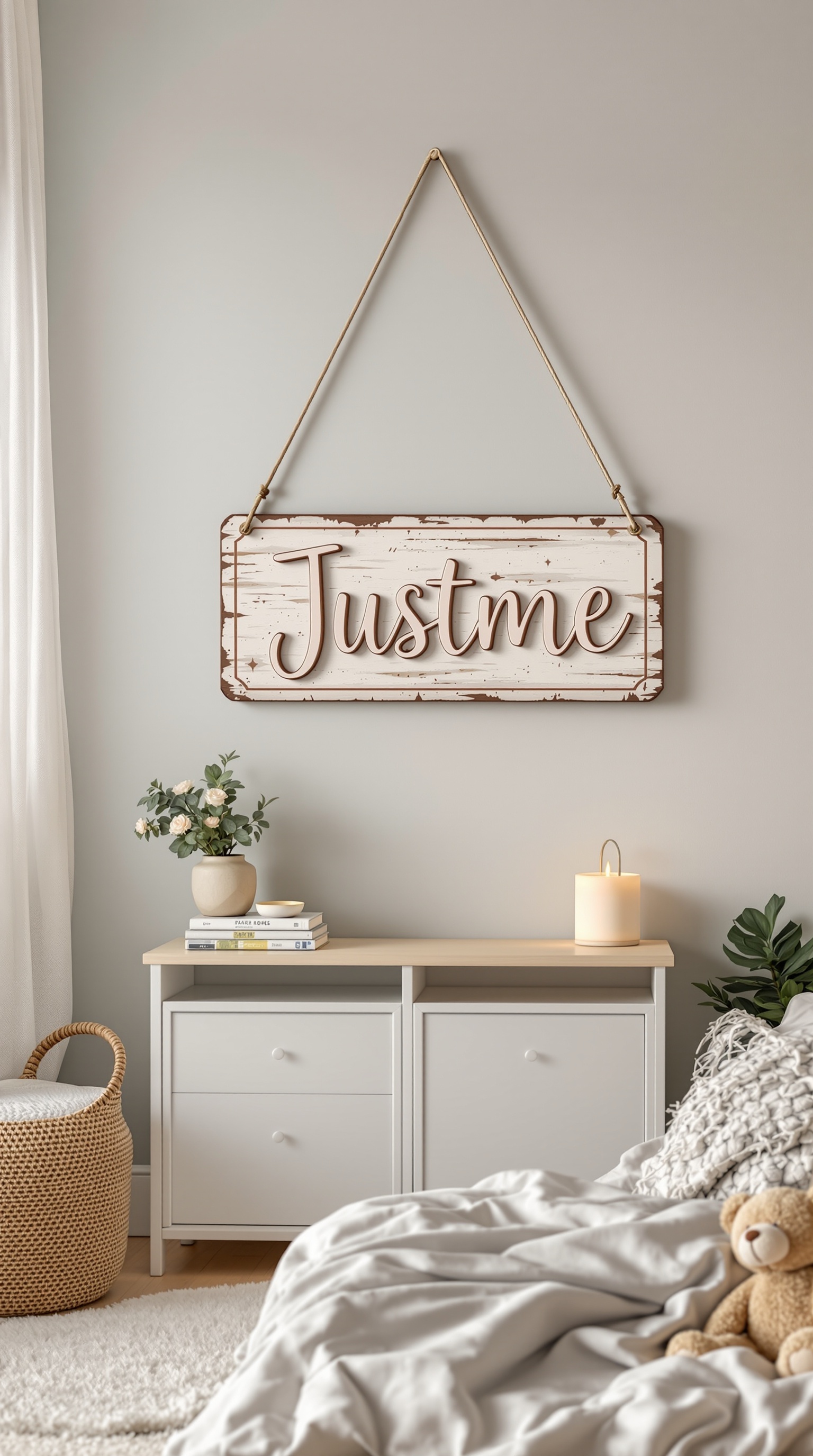 A personalized vintage name sign that reads 'Justme' hanging on a wall in a toddler's room.