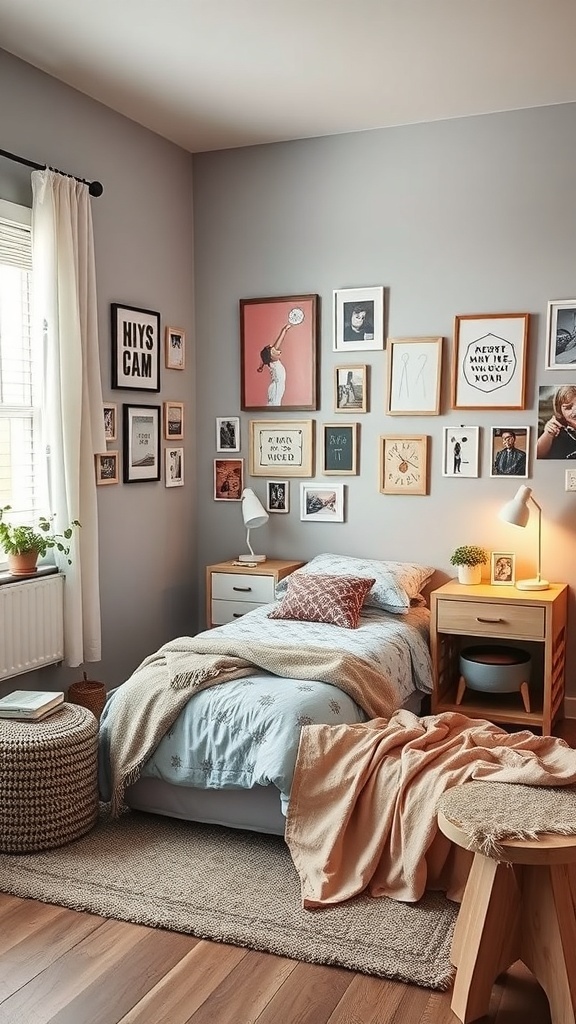 A cozy teen bedroom featuring a gallery wall of personalized wall art and decor.