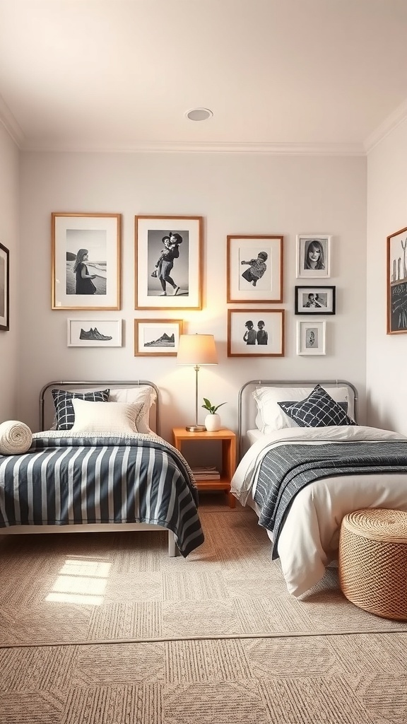 A small shared kids bedroom featuring two beds and a wall adorned with framed black-and-white photos.