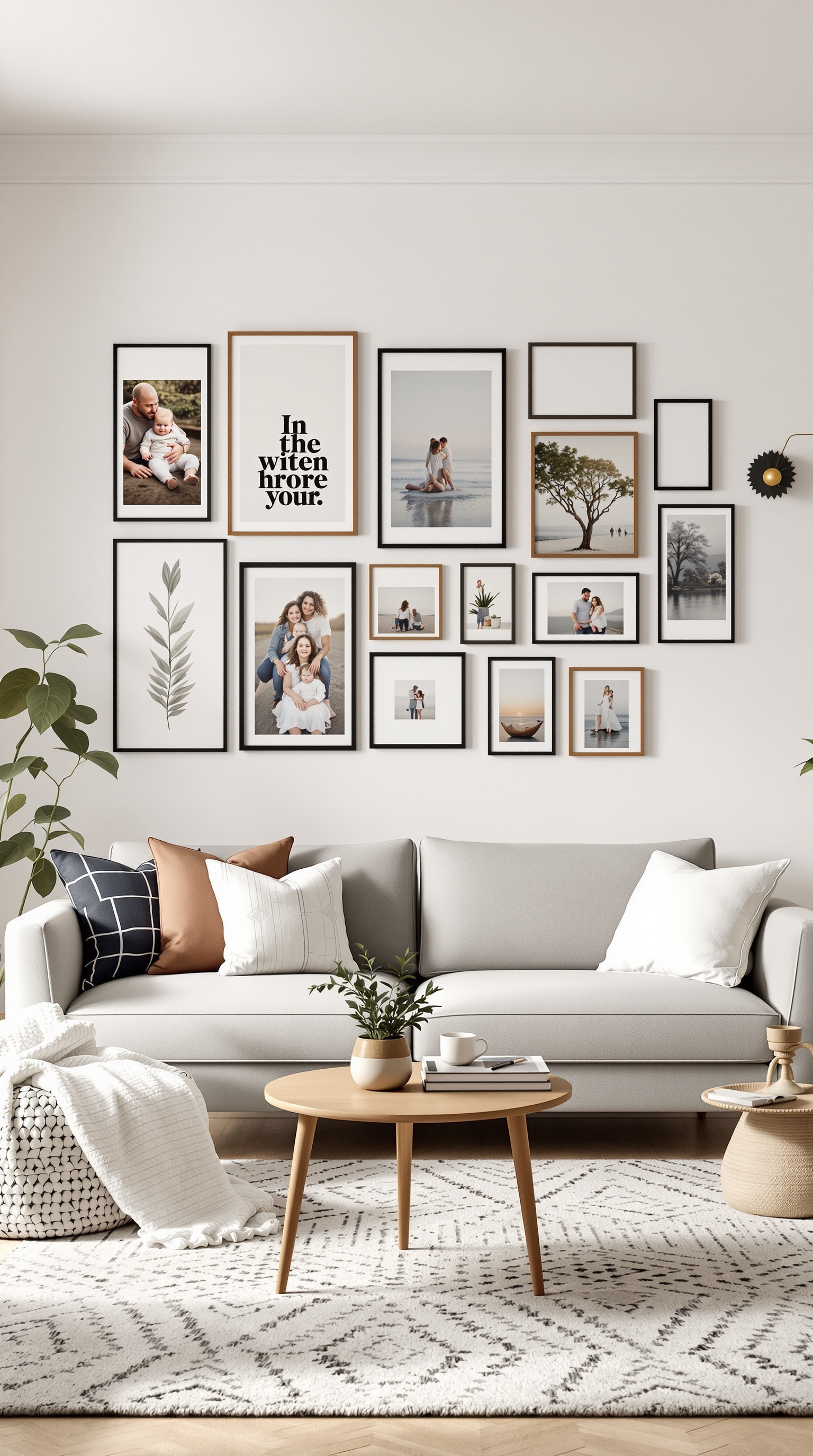 Cozy family room with a gallery wall of personalized art and photos