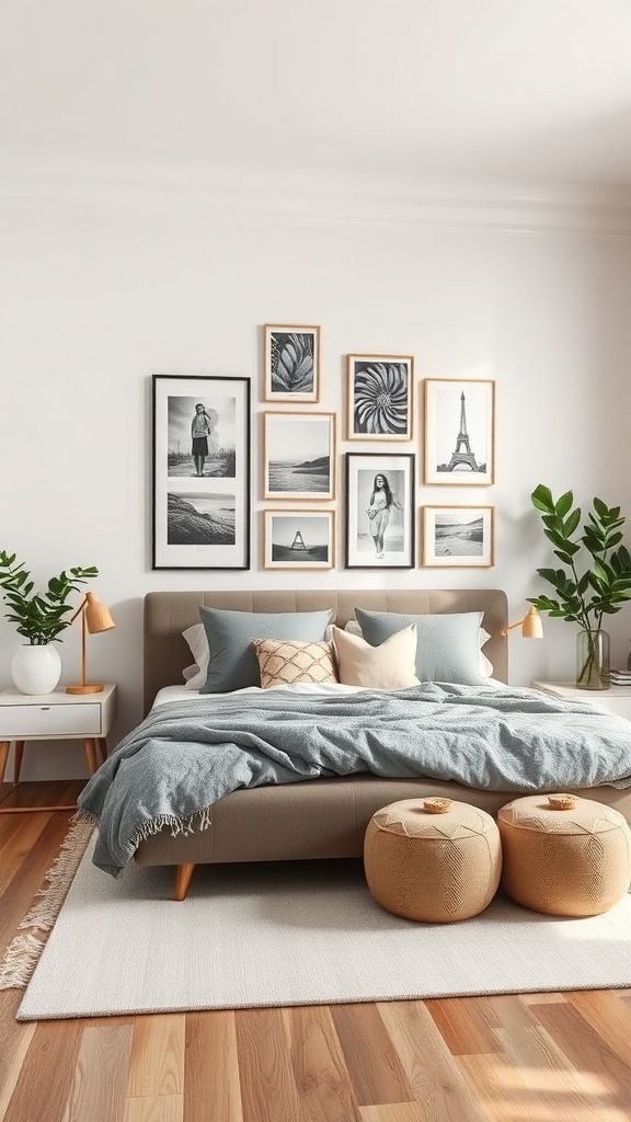 A modern bedroom featuring a cozy bed with a personalized wall art display above it, showcasing framed black-and-white photos and plants.