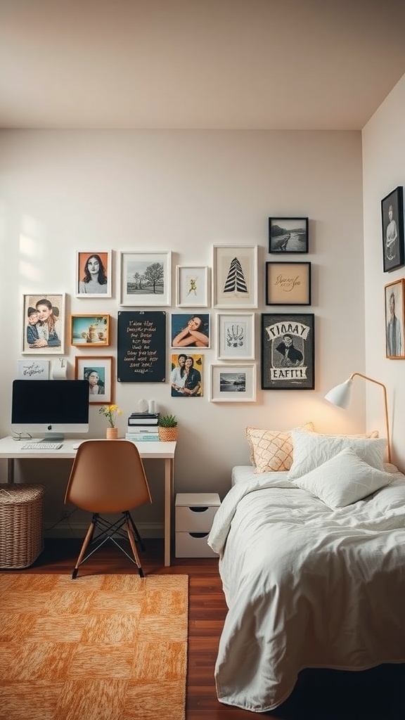 A cozy dorm room with personalized wall art, a desk, and a bed.