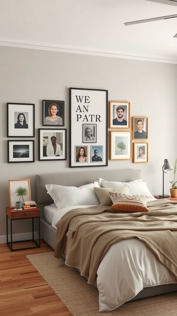 Cozy bedroom with personalized wall art featuring framed photos and a central text piece.