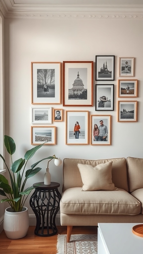 A cozy apartment wall featuring a collection of framed photographs and a comfortable sofa with a plant nearby.