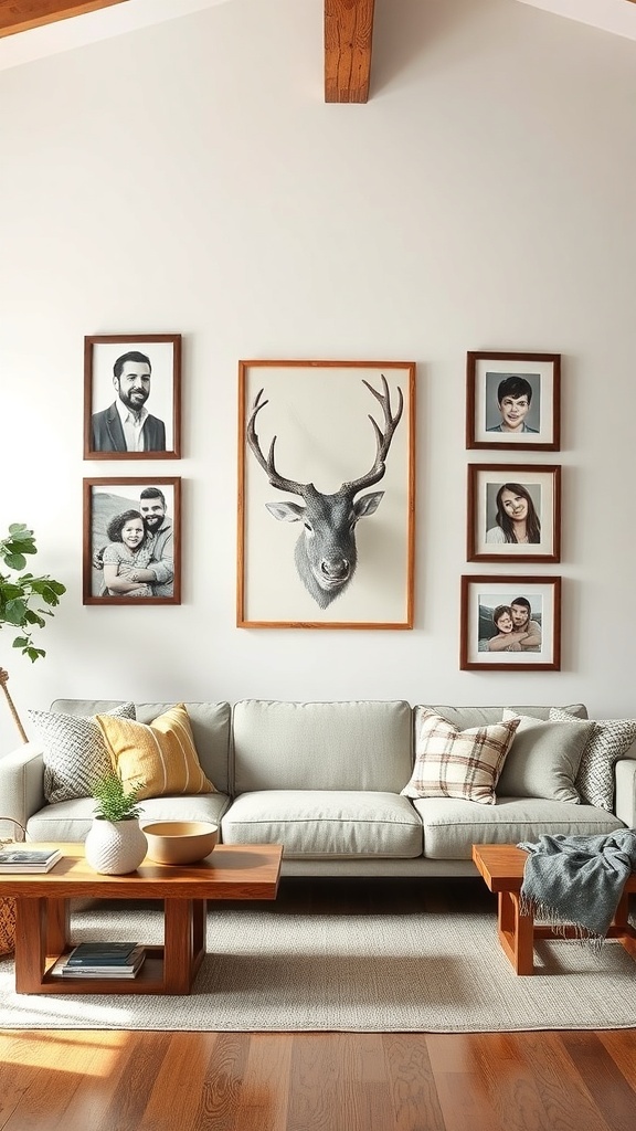 Cozy living room with personalized wall art including family photos and a deer head artwork.