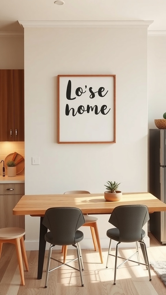 Personalized wall art in a warm neutral kitchen featuring the phrase 'Lo'se home' in a stylish frame.