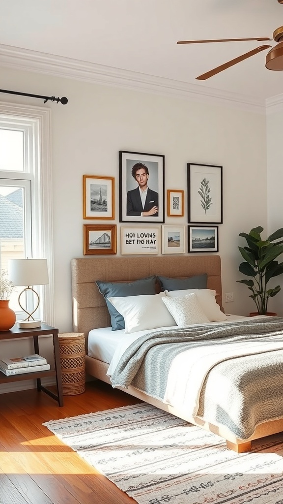 Cozy bedroom with personalized wall art featuring framed photographs and botanical prints.