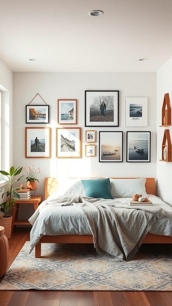 A cozy bedroom with personalized wall art, featuring framed photos and a plant, creating a warm atmosphere.