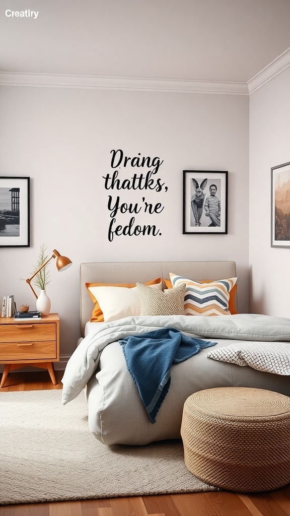 A preppy teen bedroom featuring personalized wall decor with a quote and framed photos.