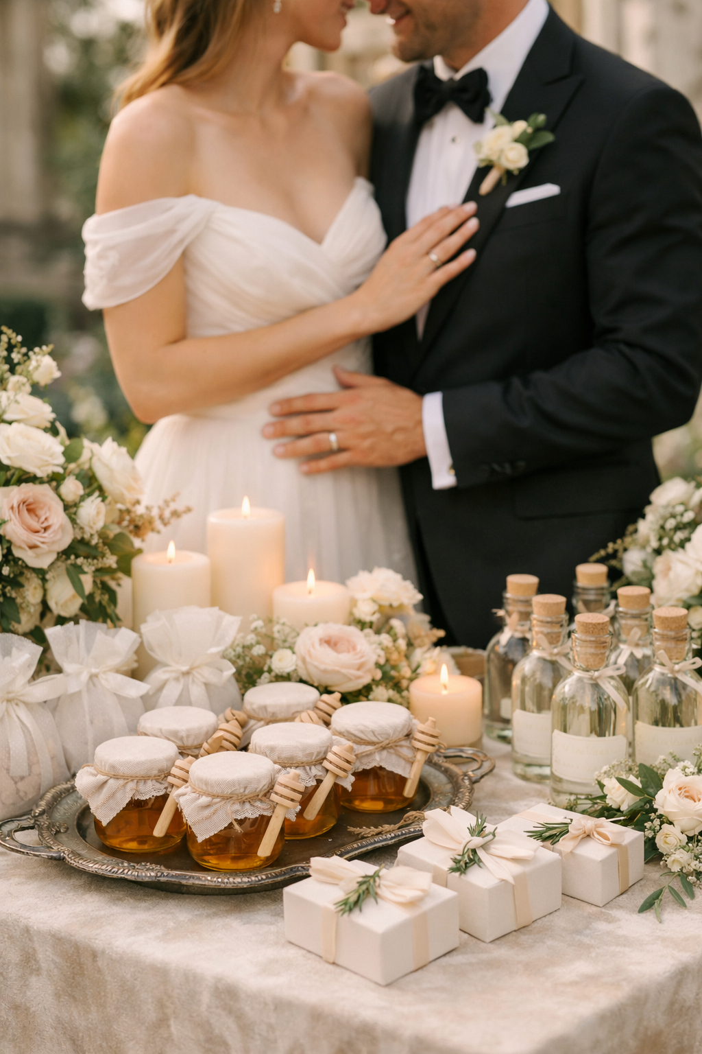 A beautifully arranged table with personalized wedding favors including jars of honey, candles, and elegant floral arrangements.