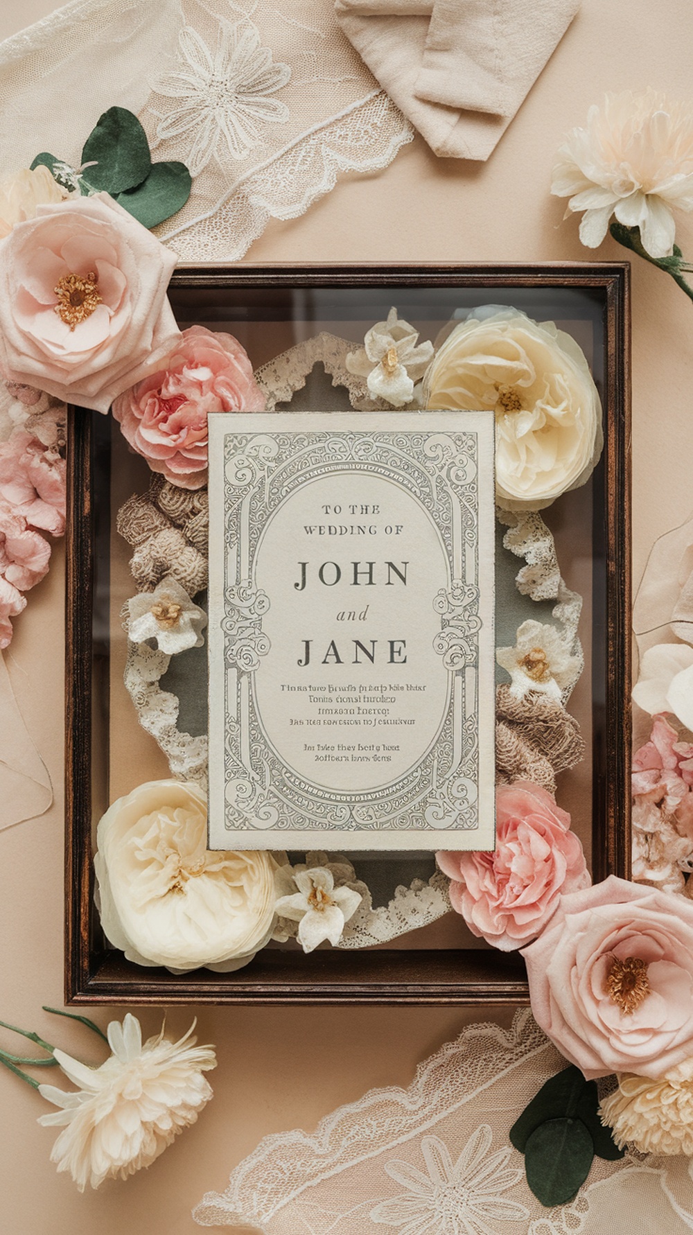 A wedding invitation displayed in a shadow box with flowers and lace.