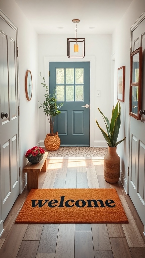 A small foyer with a personalized welcome mat, blue door, and plants.