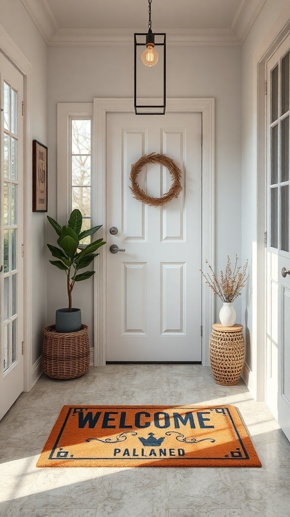A cozy entryway with a personalized welcome mat, plants, and decorative elements.