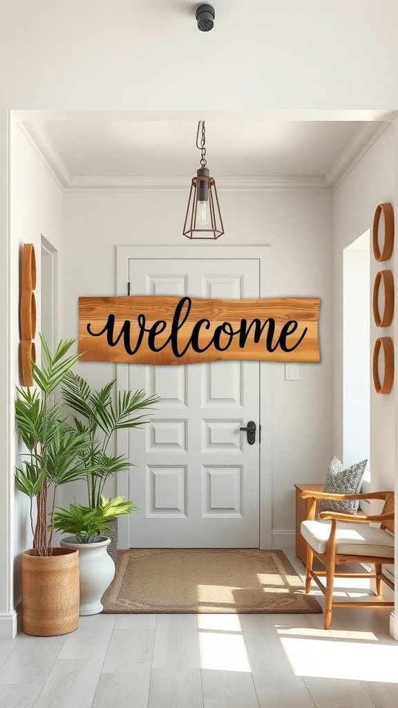 A rustic entryway featuring a wooden welcome sign above a door, with plants and cozy furniture.