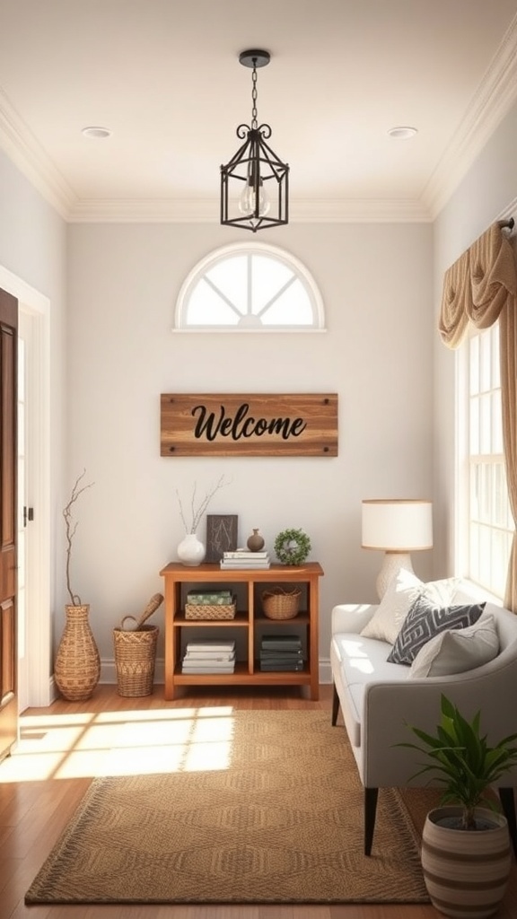 A cozy entryway featuring a personalized wooden welcome sign, a stylish sofa, and a warm atmosphere.