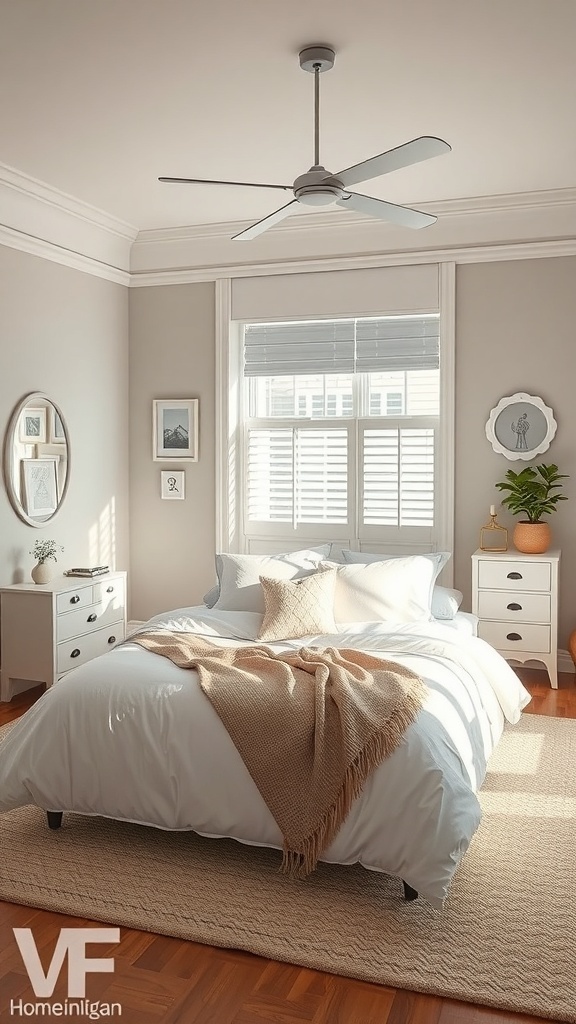 A cozy white bedroom featuring a bed with a throw blanket, white dressers, and natural light from the window.