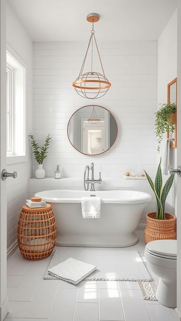 A stylish white bathroom featuring a freestanding bathtub, plants, and modern decor.