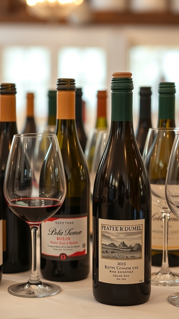 Collection of wine bottles with glasses, perfect for personalized bridal shower prizes.