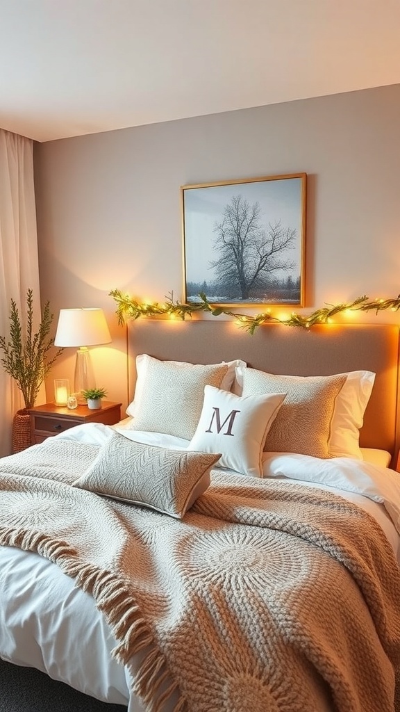 Cozy winter bedroom with warm lighting, textured blankets, and personalized accents.