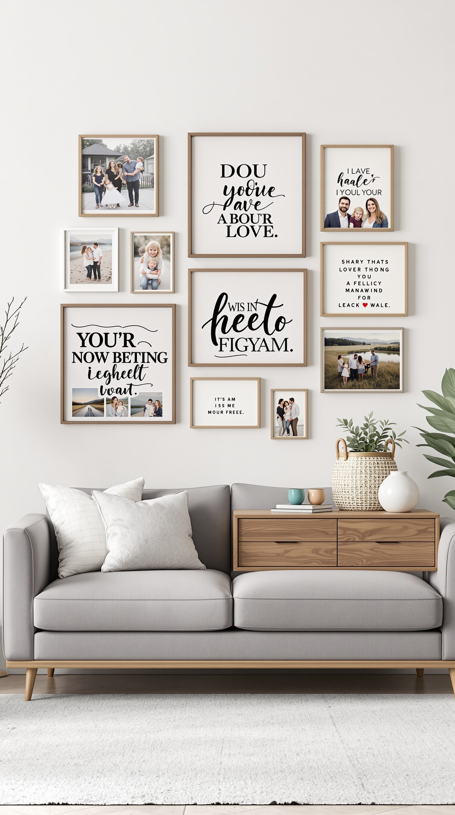 A stylish living room wall displaying family photos and inspirational quotes.