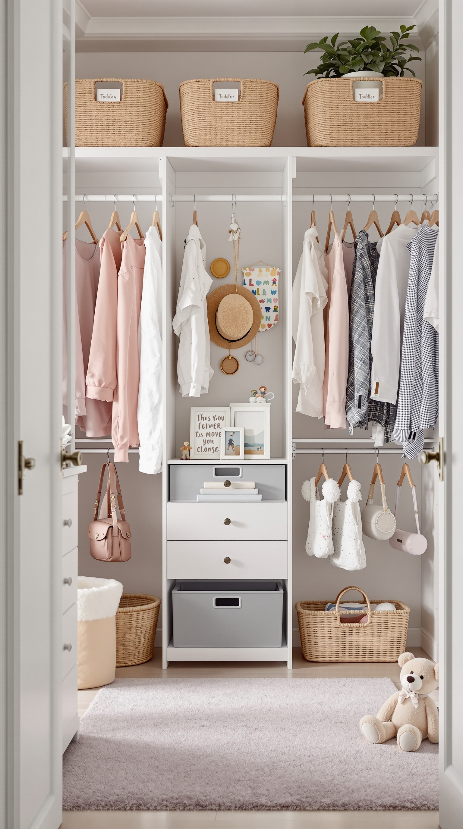 A well-organized toddler closet featuring hanging clothes, labeled baskets, and decorative items.