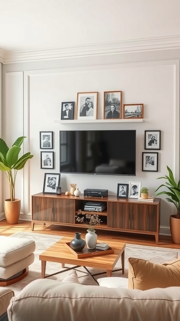 Living room with a TV feature wall decorated with family photos and plants.