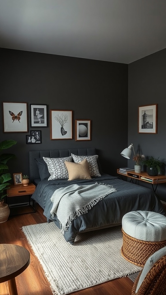 A dark cozy bedroom featuring framed artwork, a neatly made bed with decorative pillows, a plant, and warm lighting.