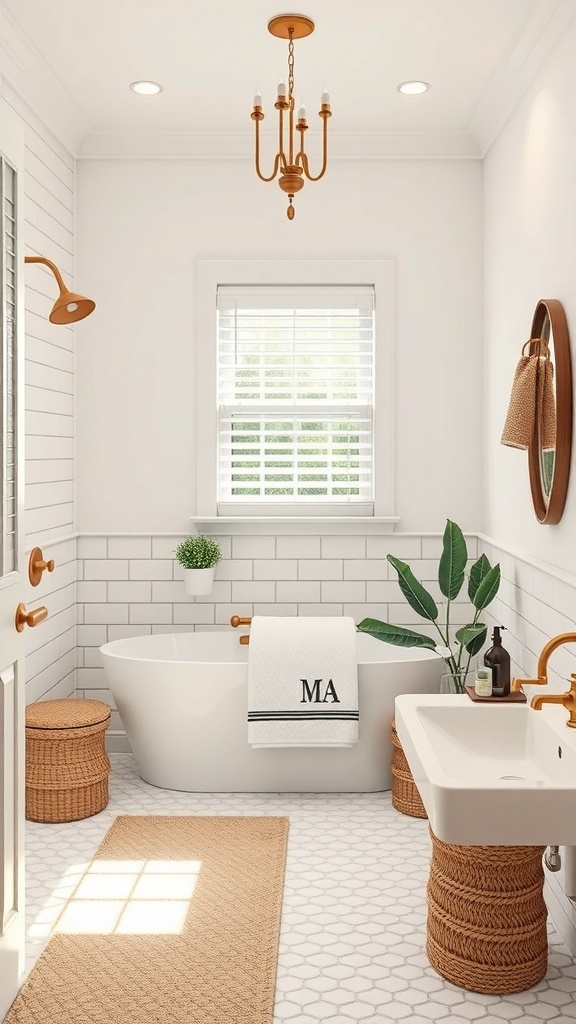 A modern guest bathroom with a bathtub, sink, and decorative accessories.