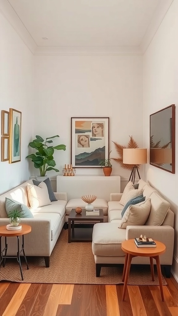 A narrow living room with light-colored furniture, art on the walls, plants, and decorative items.