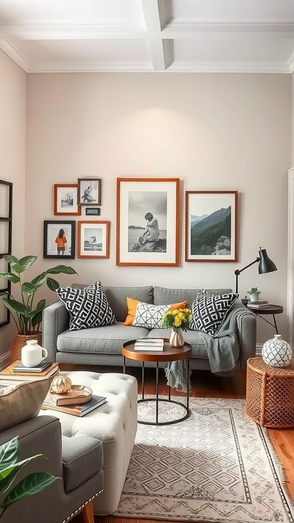 A cozy reading nook featuring a gray sofa with decorative pillows, framed artwork on the wall, and a small coffee table.