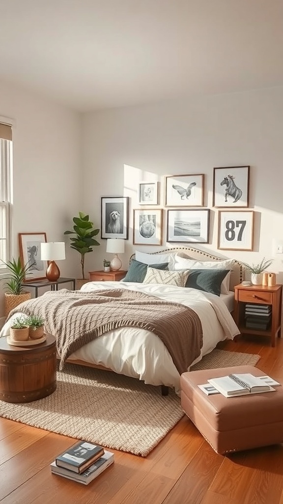 A cozy single bedroom with framed artwork, plants, and warm textiles.