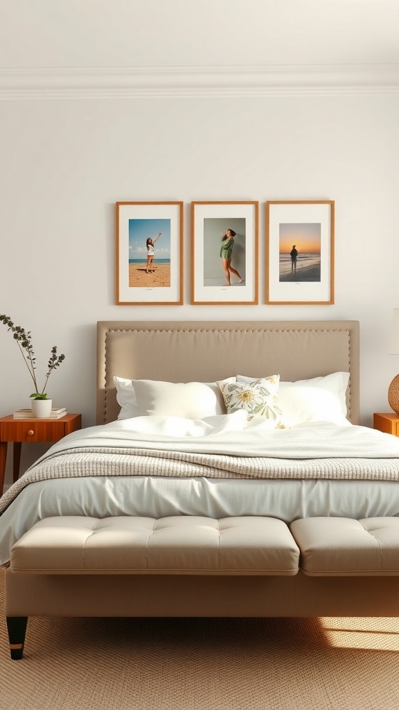 A neutral bedroom featuring a cozy bed and three framed photographs on the wall.