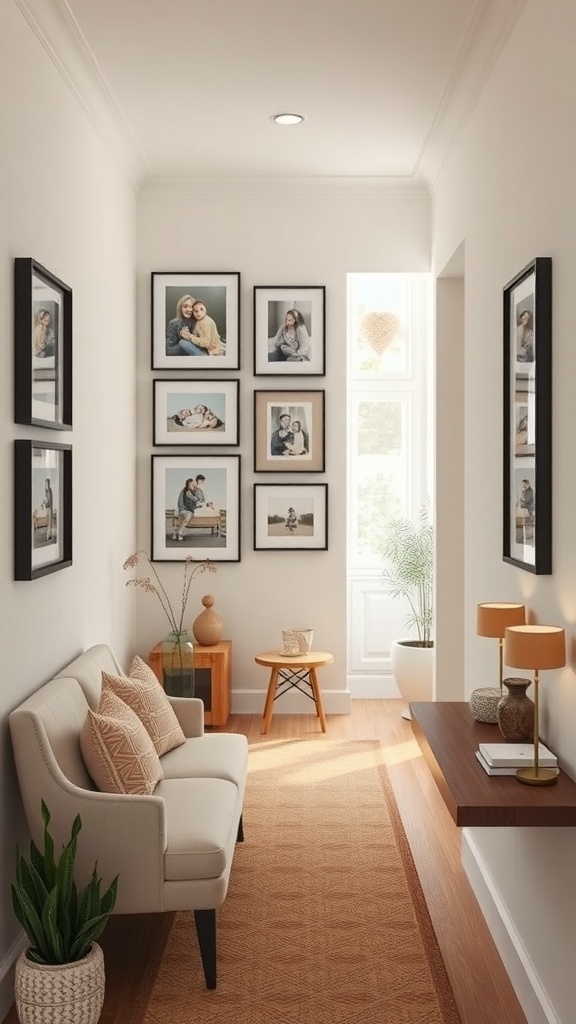 A small hallway featuring family photos on the wall, a cozy bench, and decorative elements.