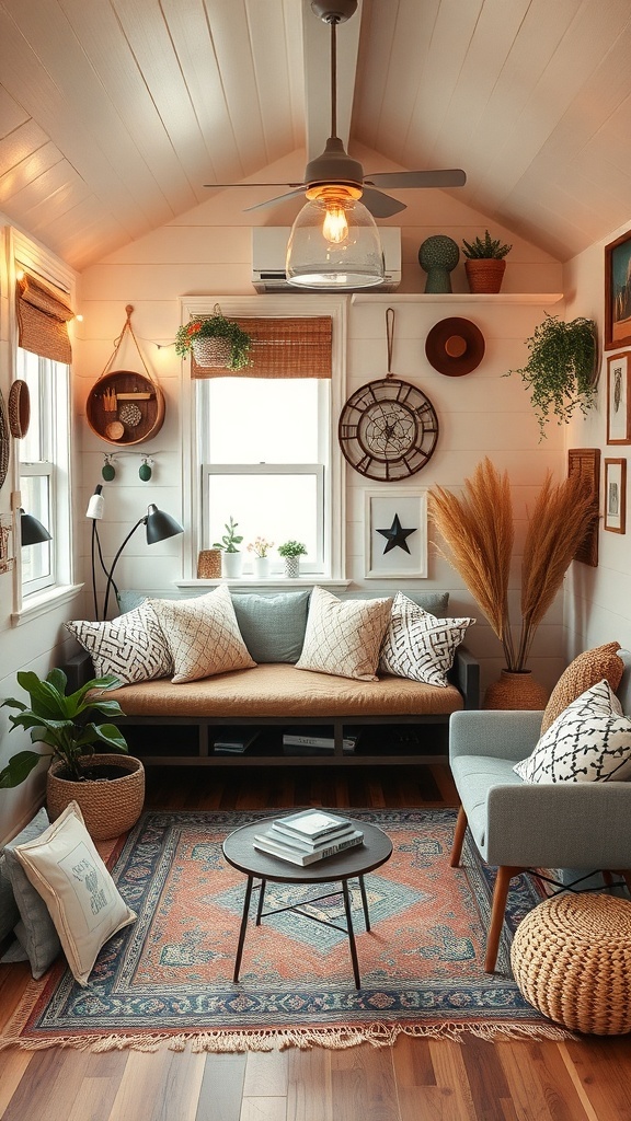 Cozy tiny house living room with handmade decor, plants, and warm lighting.