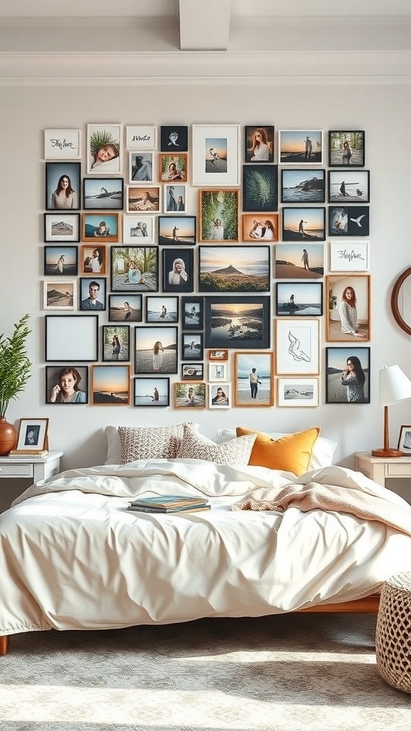 A cozy teen bedroom featuring a wall filled with framed photos and a neatly made bed.