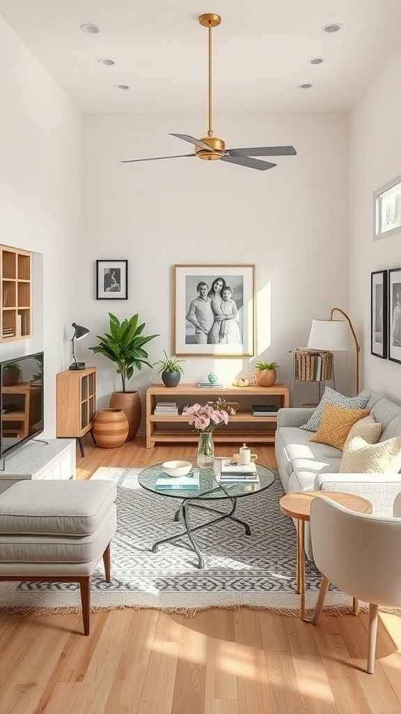 A small living room with a cozy sofa, coffee table, plants, and wall art.