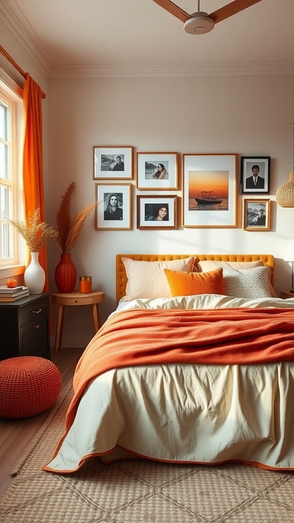 A cozy bedroom featuring burnt orange elements, including bedding and curtains, with a gallery wall of framed photos.