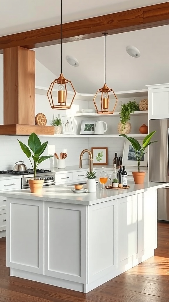A bright kitchen island with plants and stylish pendant lights.