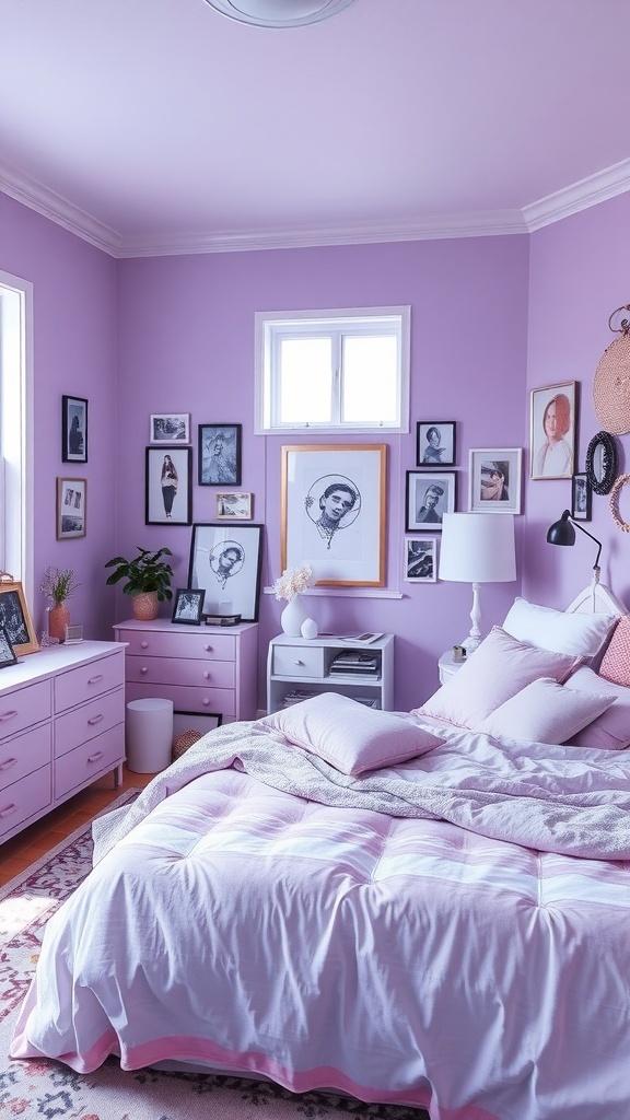 A cozy lilac bedroom featuring soft purple walls, framed artwork, and decorative pillows.
