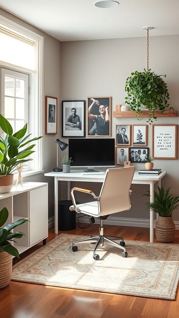 A well-organized home office with a desk, computer, plants, and framed photos.