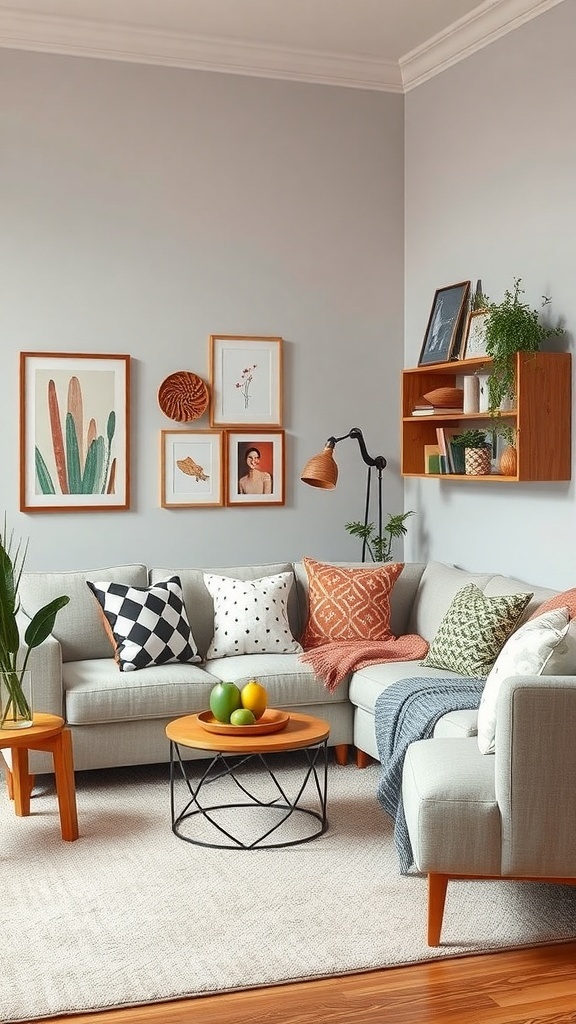 A cozy living room with light gray walls, a comfortable sofa adorned with patterned pillows, and a wooden coffee table with fruit.