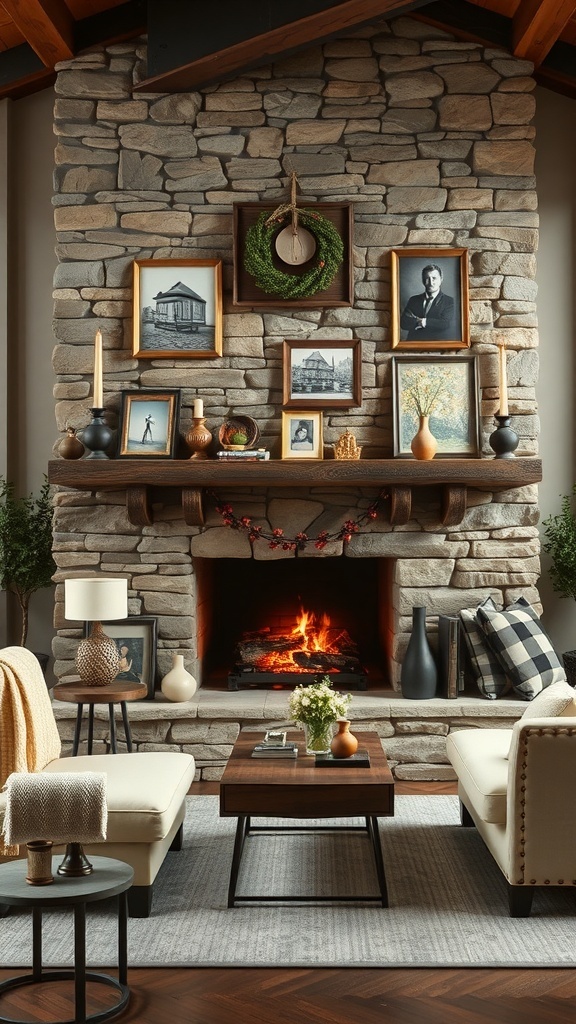 A cozy living room featuring a rustic stone fireplace with a wooden mantel adorned with framed pictures and decorative items.