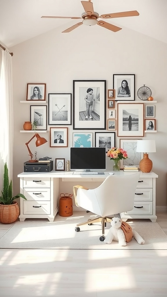 A cozy home office with a white desk, computer, and framed photos on the wall.