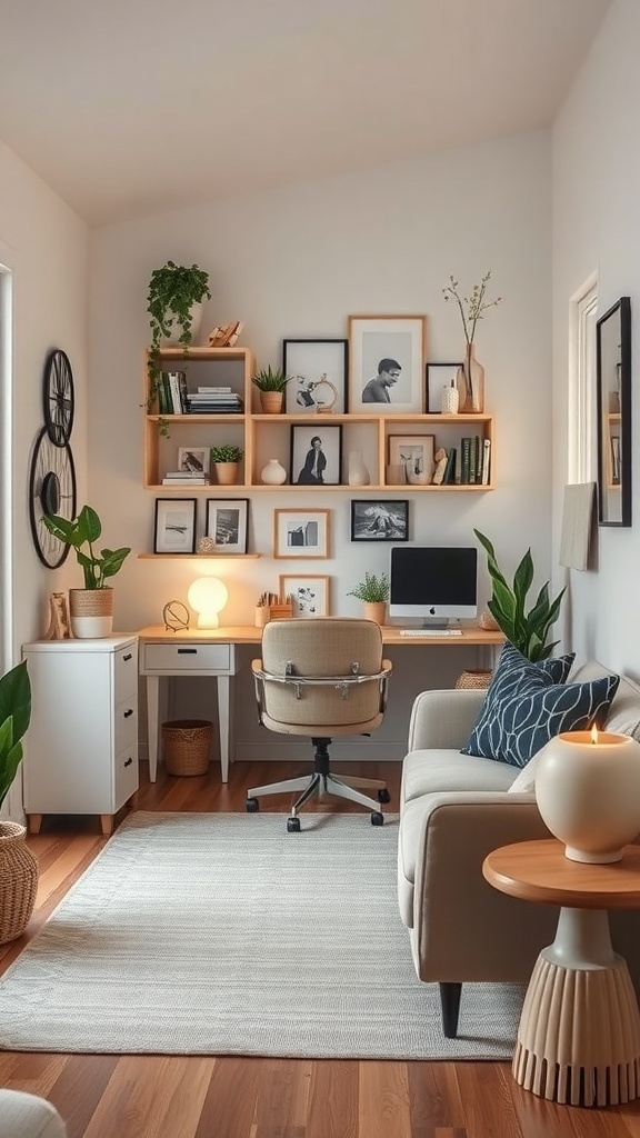 A cozy tiny home office with a desk, chair, plants, and decorative shelves.
