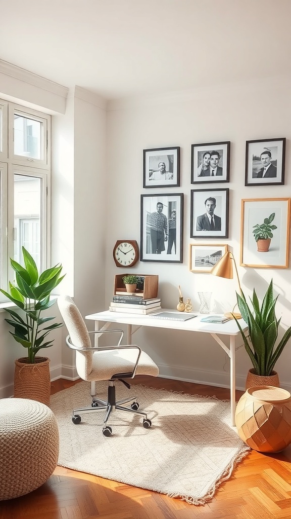 A small home office with a desk, chair, plants, and framed art on the wall.