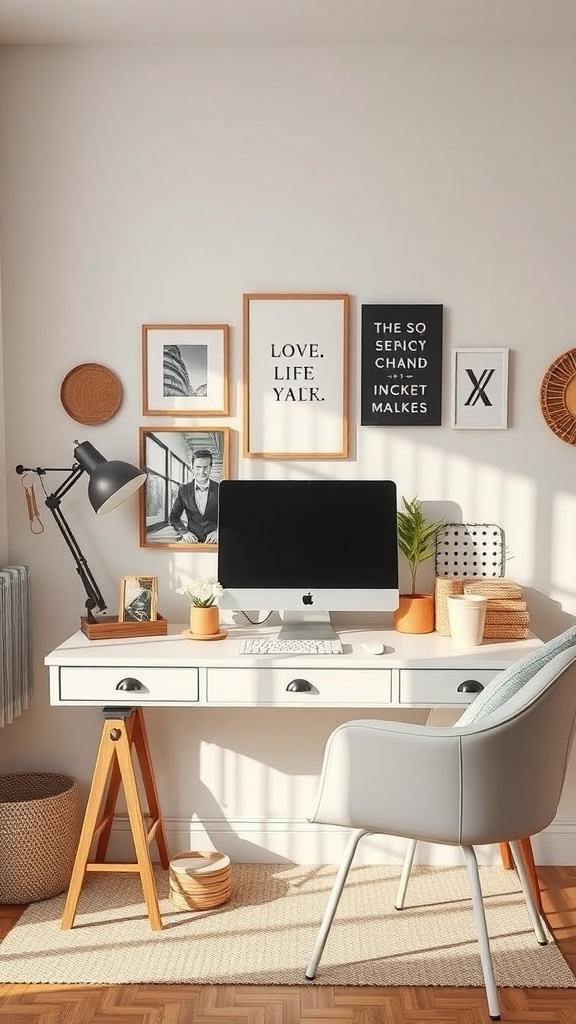 A well-organized desk with a computer, decorative items, and framed quotes on the wall.